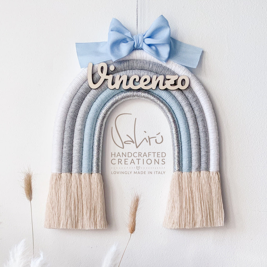 fiocco nascita, arco, arcobaleno, macrame, italia, fatto a mano, bambino, baby, colore, decoro, cameretta