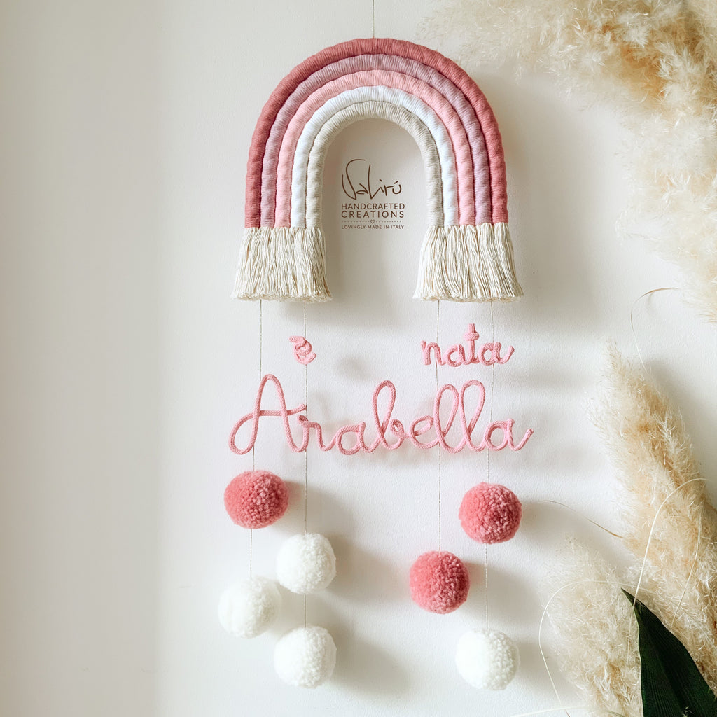 baby shower, regalo, bambino, bambina, Arco fiocco nascita, arcobaleno, pompon, decoro, italia, artigianale, fatto a mano