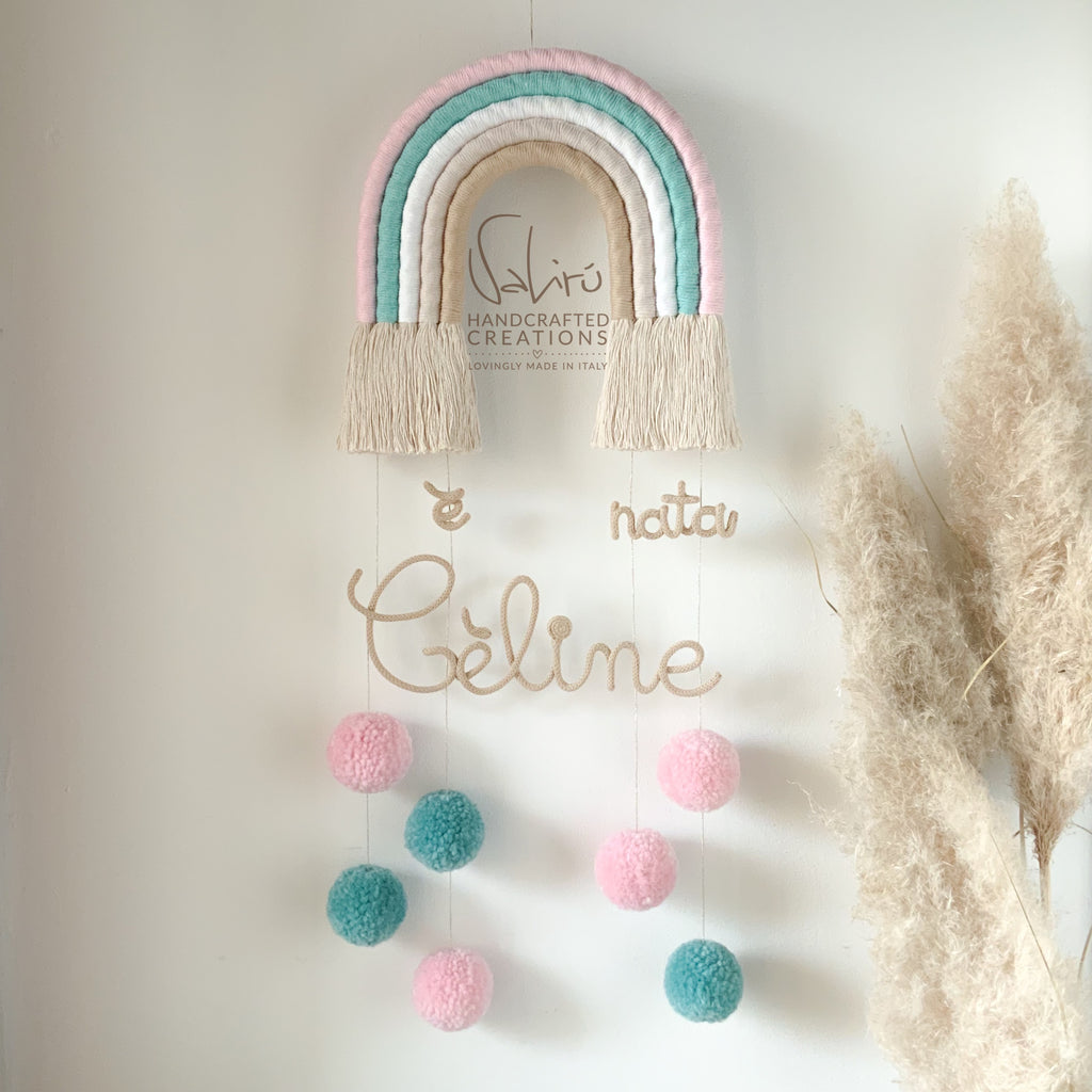 baby shower, regalo, bambino, bambina, Arco fiocco nascita, arcobaleno, pompon, decoro, italia, artigianale, fatto a mano