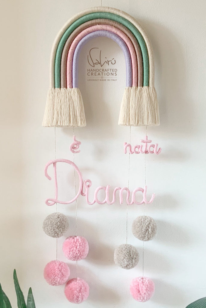 fiocco nascita, arco, arcobaleno, macrame, italia, fatto a mano, bambina, baby, colore, rosa, decoro, cameretta
