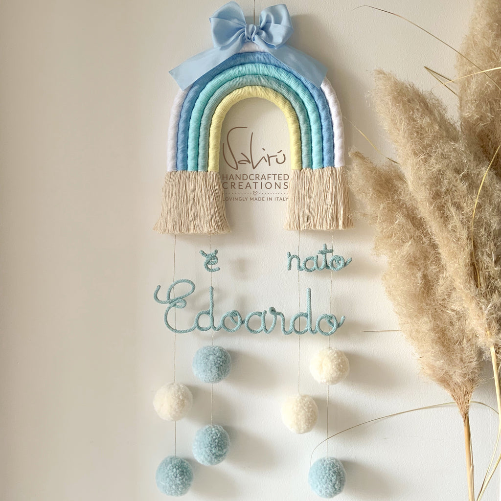 baby shower, regalo, bambino, bambina, Arco fiocco nascita, arcobaleno, pompon, decoro, italia, artigianale, fatto a mano macramè rainbow fiocco 