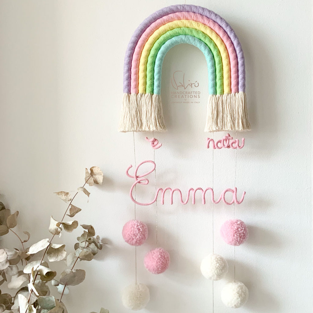 baby shower, regalo, bambino, bambina, Arco fiocco nascita, arcobaleno, pompon, decoro, italia, artigianale, fatto a mano