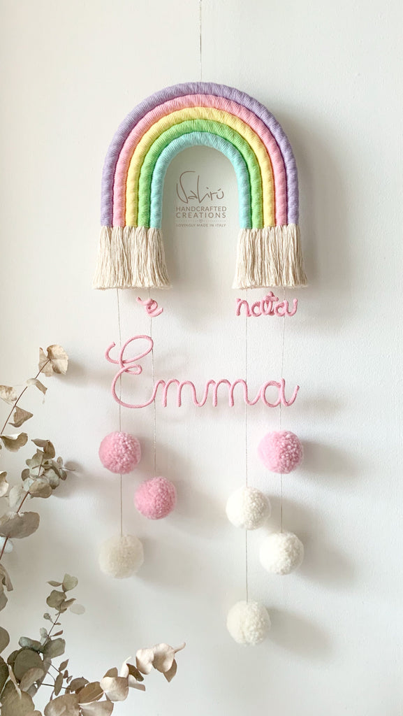 baby shower, regalo, bambino, bambina, Arco fiocco nascita, arcobaleno, pompon, decoro, italia, artigianale, fatto a mano