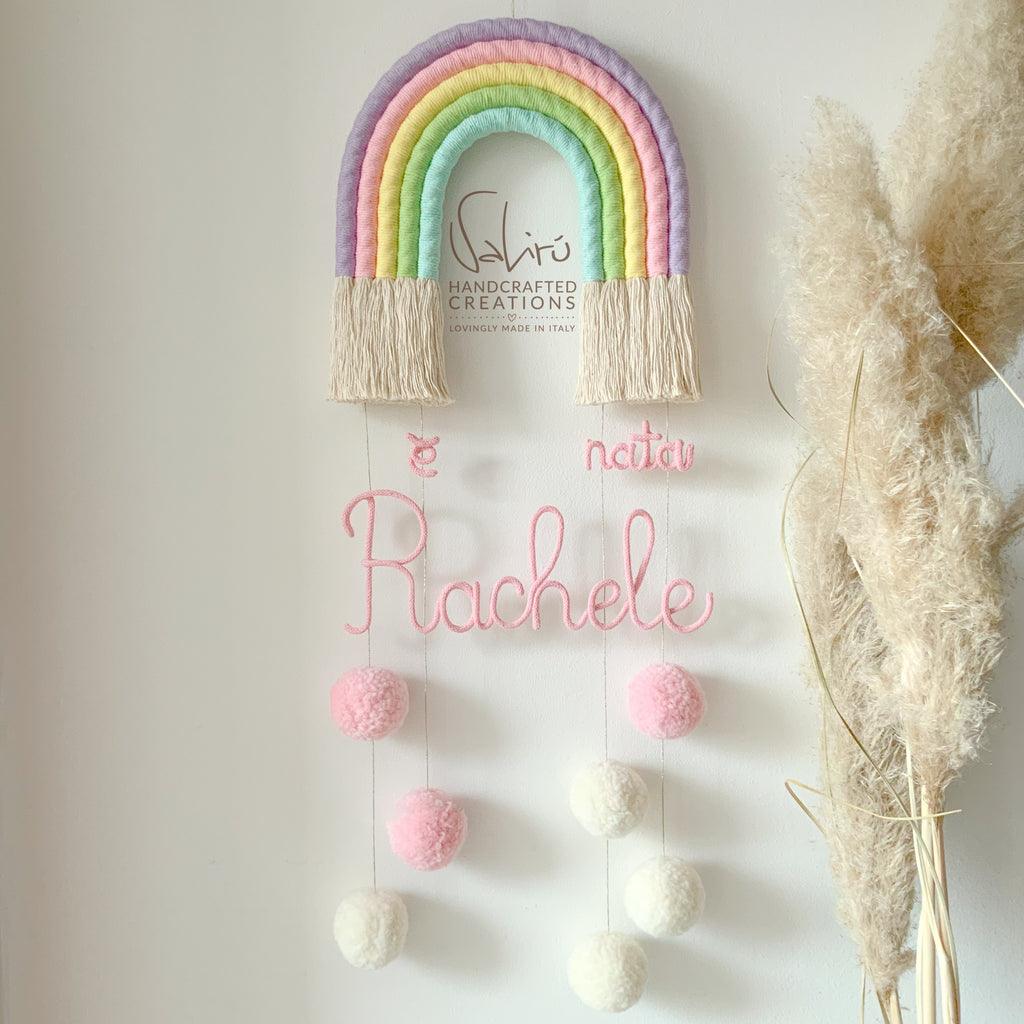 baby shower, regalo, bambino, bambina, Arco fiocco nascita, arcobaleno, pompon, decoro, italia, artigianale, fatto a mano